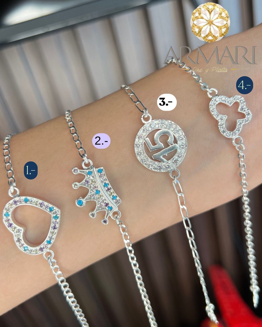 Pulsera · corazón, corona, ancla y trébol