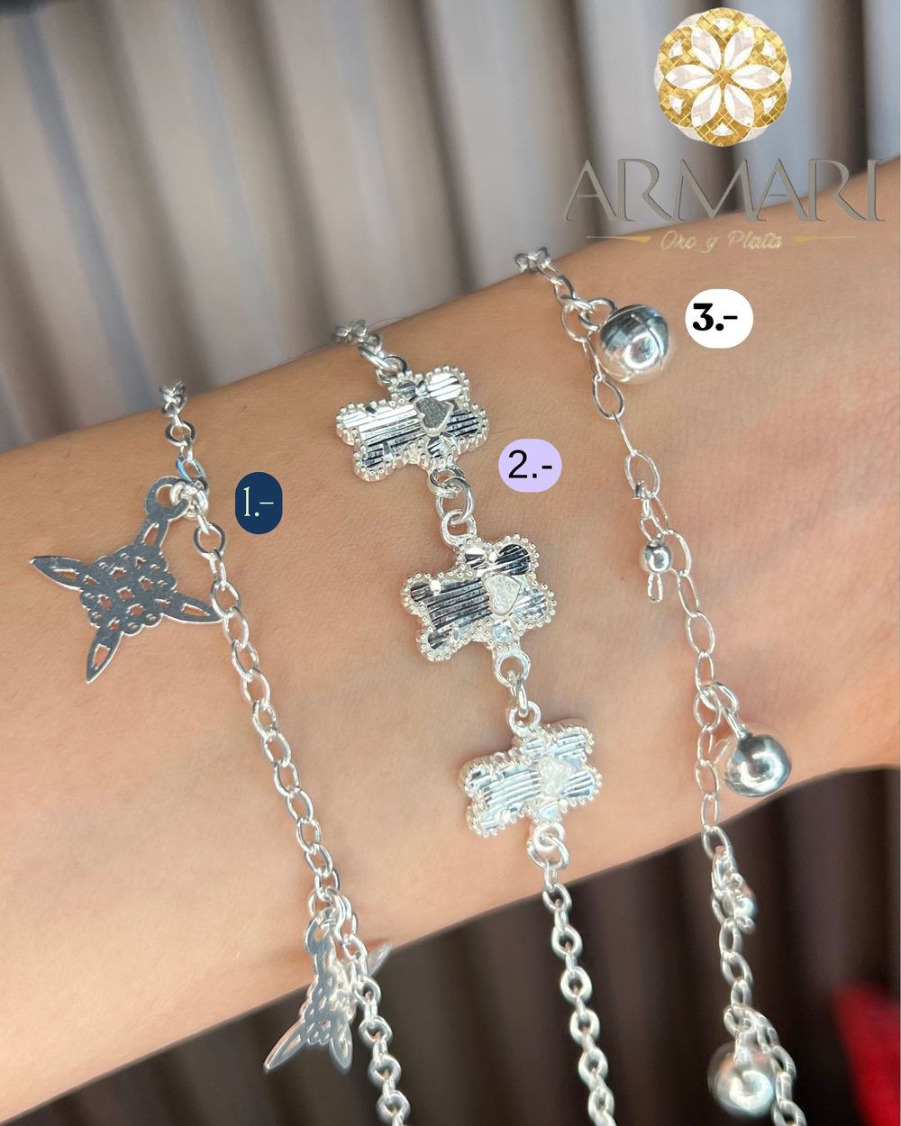 Pulsera · mariposa, tréboles y bolitas