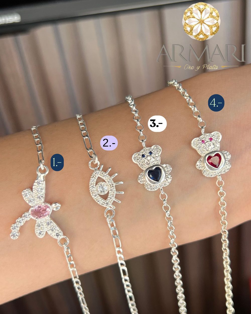Pulsera · moño, ojo turco y ositos