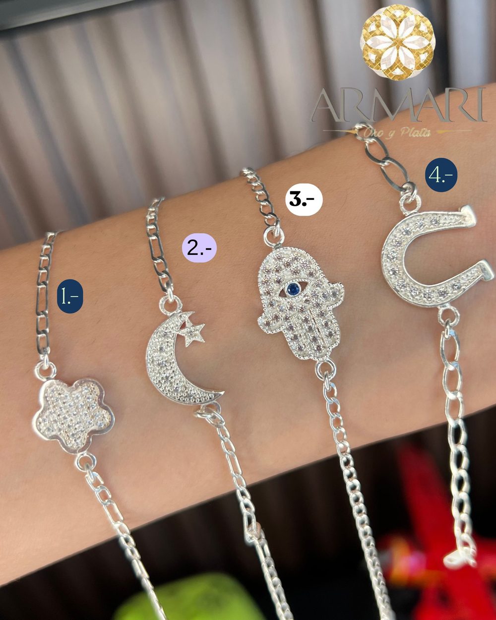Pulsera · trébol, luna, mano de Fátima y herradura