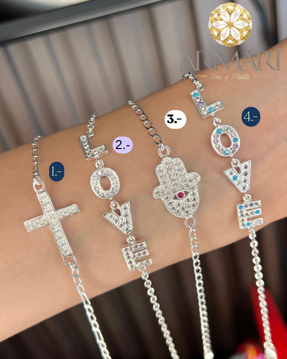 Pulsera · cruz, LOVE y mano de Fátima