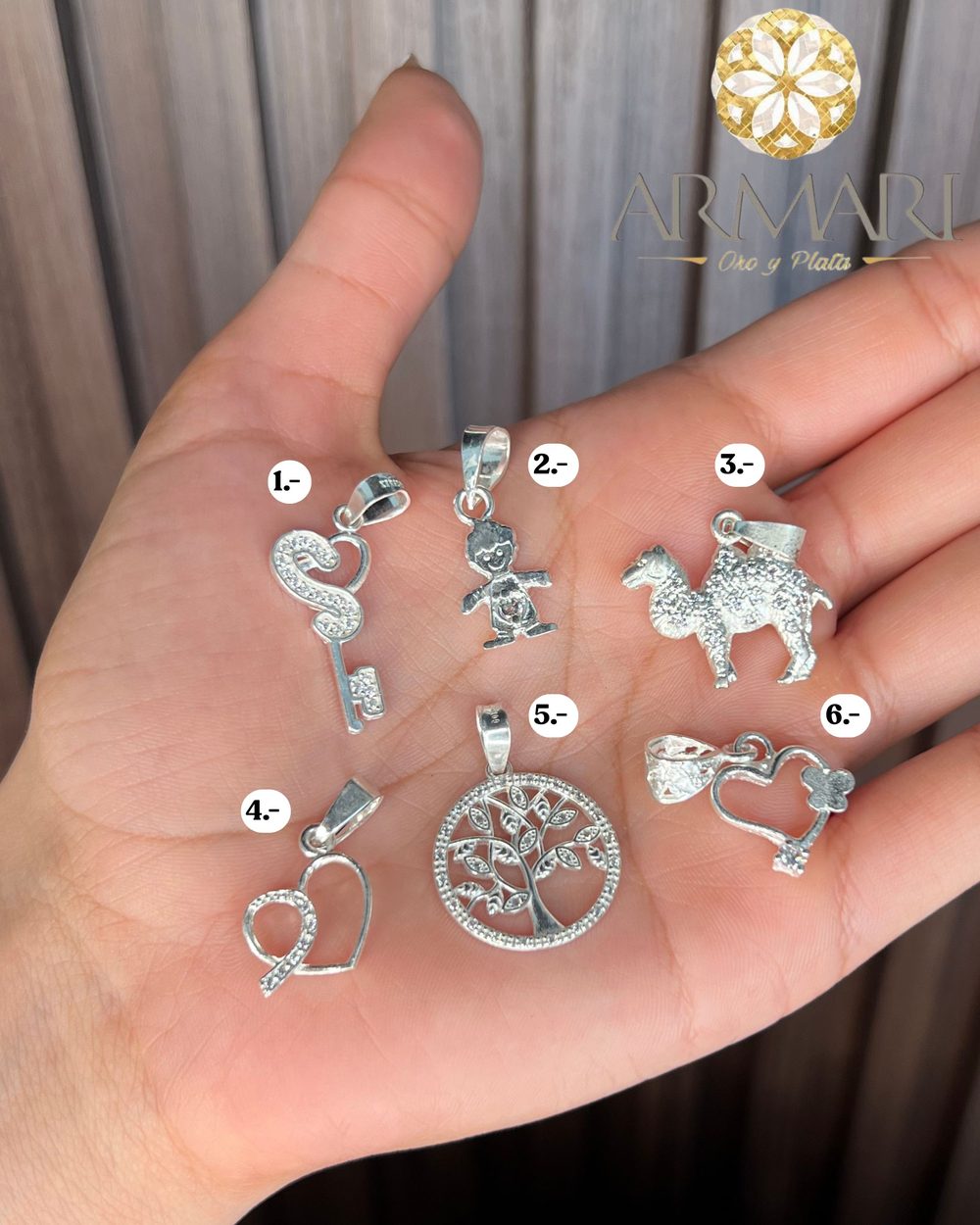Dije con piedra · llave, camello y árbol de la vida