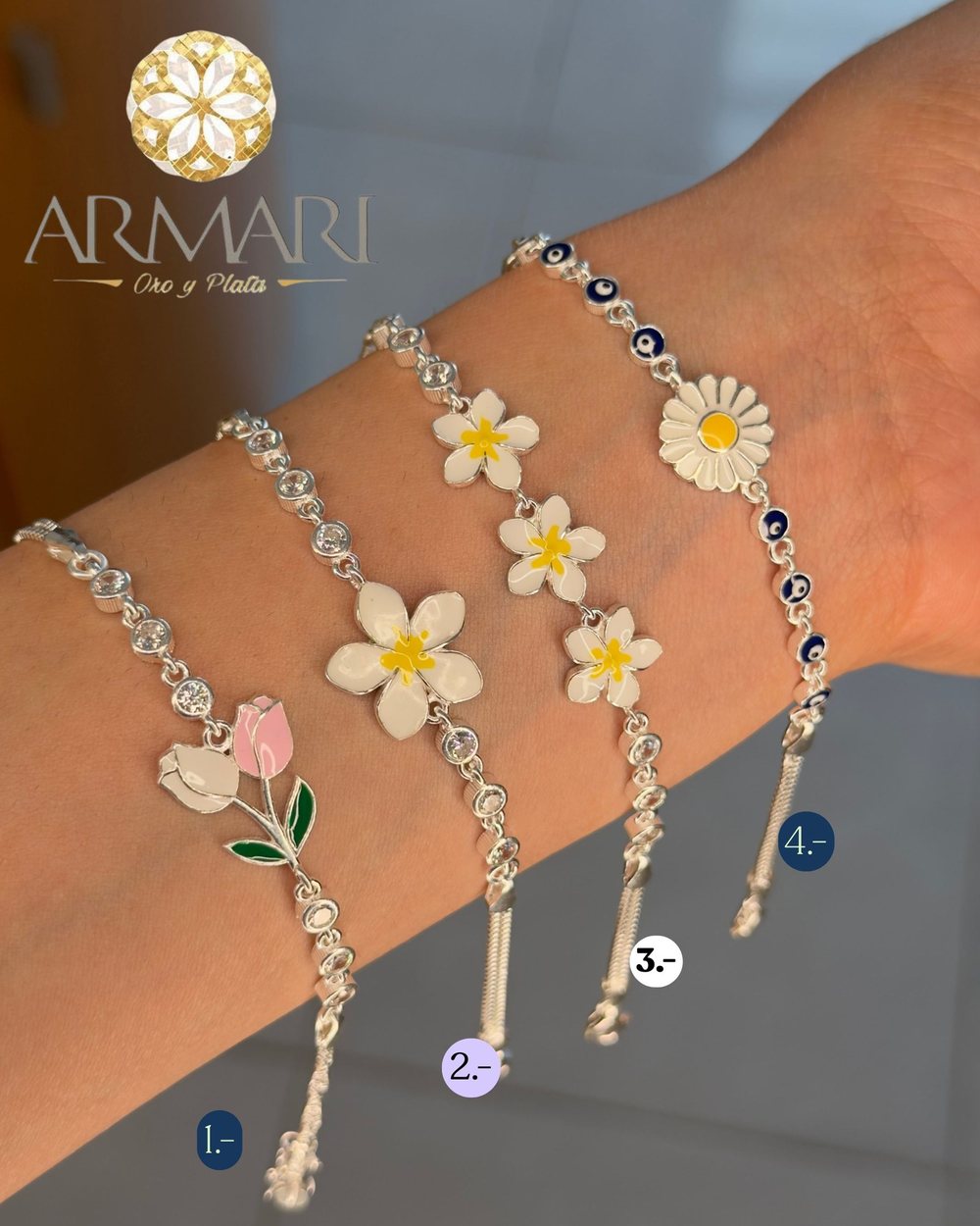 Pulsera ajustable · flores esmaltadas